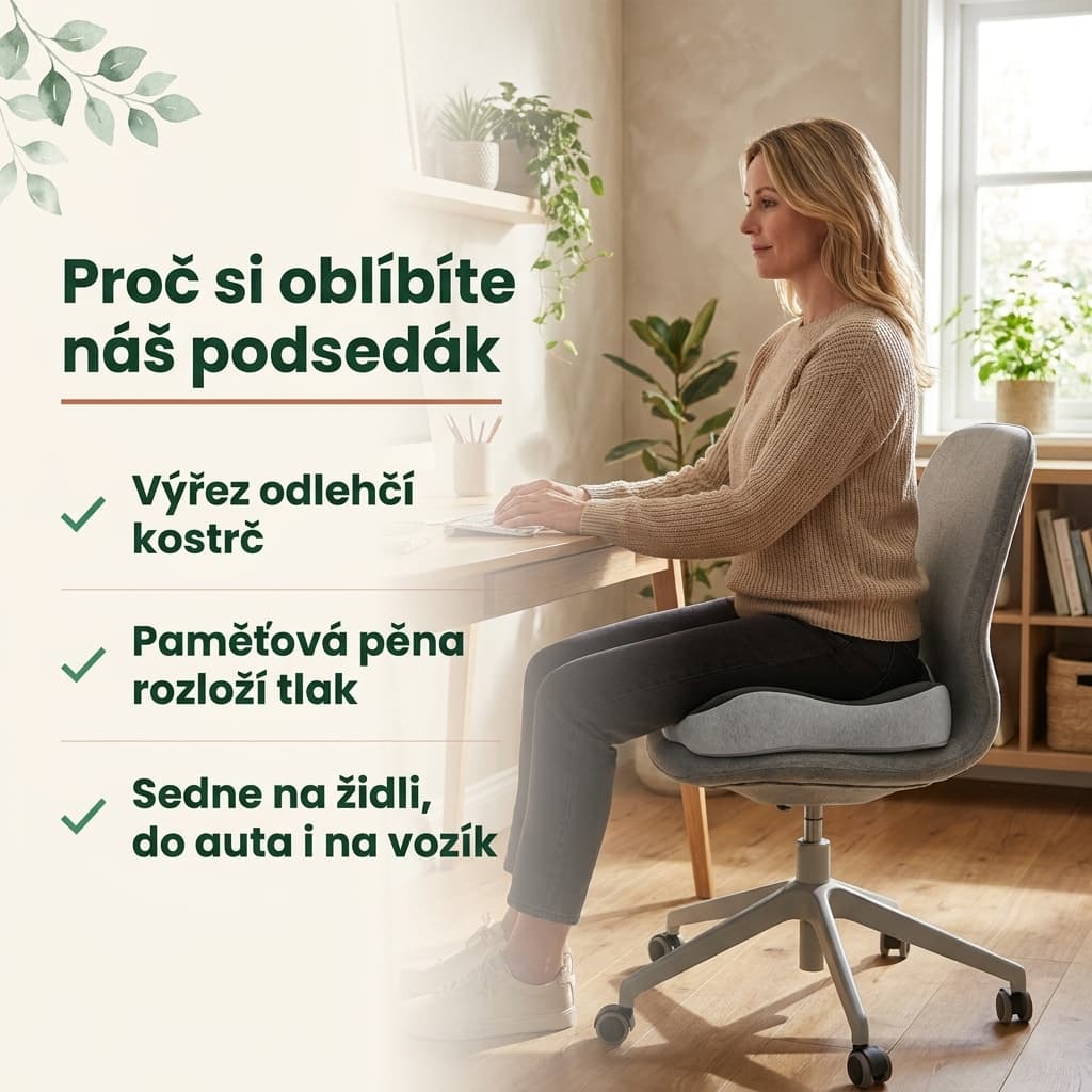 Ortopedický podsedák na kostrč – výřez odlehčí kostrč, paměťová pěna rozloží tlak